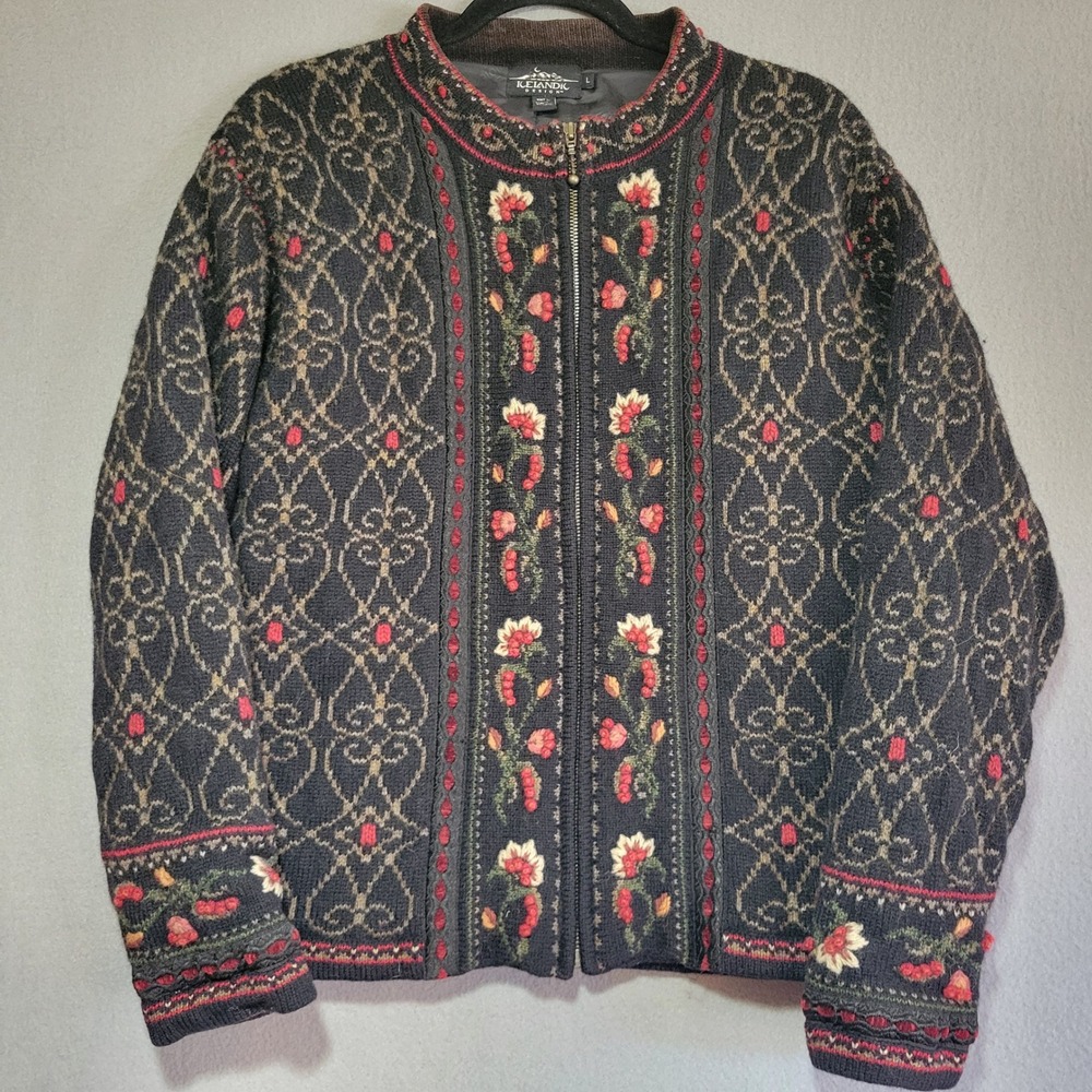 Icelandic Design Wool Zip Cardigan Sweater Black Floral Fair Isle‎ Womens Large